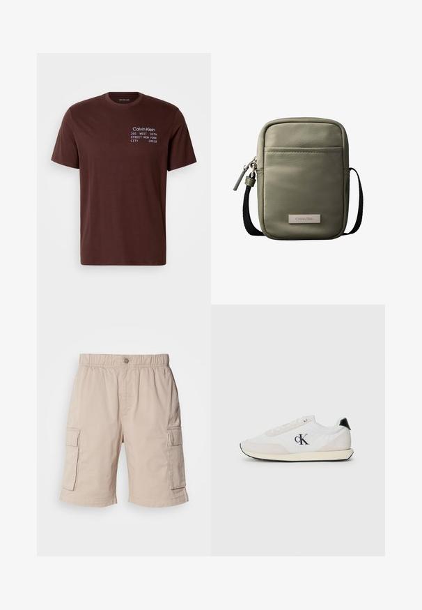 Braunes Baumwoll-T-Shirt mit kurzen Ärmeln, Rundhalsausschnitt und bedrucktem Text in Weiß und Hellblau. Der Text enthält Marken- und Adressinformationen.; Beige Cargo-Shorts mit elastischem Bund, Knopfverschluss, zwei Seitentaschen und zusätzlichen Taschen an den Oberschenkeln. Leichter Stoff.; Weißer Sneaker aus Wildleder und Stoffmaterialien. Verfügt über einen schwarzen Fersenauschnitt, Schnürdesign und ein kleines schwarzes Logo an der Seite.; Kompakte olivgrüne Umhängetasche mit Vordertasche, schwarzem verstellbarem Riemen, Reißverschluss und Calvin Klein Logo-Plakette.