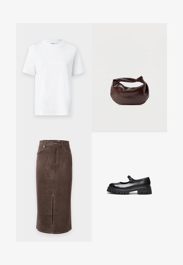 Witte katoenen T-shirt met ronde hals, korte mouwen en een gladde textuur. Ontworpen met een comfortabele en veelzijdige relaxte pasvorm.; Bruine suède pencil skirt met een voorkantsplit, contrasterende witte stiksels en een klassieke vijf-pocket ontwerp. Klassieke knoopsluiting bij de taille.; Zwarte leren Mary Jane-schoen met een ronde neus, enkelband en een chunky rubberen zool met geribbelde details.; Donkerbruine leren schoudertas met een zachte, slungelige vorm en een gedraaide knoopvormige handgreep op een effen witte achtergrond.