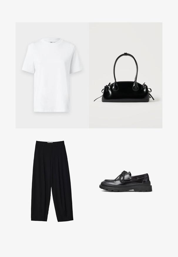 T-shirt en coton blanc à col rond, avec des manches courtes et une texture lisse. Conçu avec une coupe décontractée pour plus de confort et de polyvalence.; Pantalons larges noirs en tissu léger, avec des plis avant, une taille classique et des poches latérales. Texture douce.; Bateaux en cuir noir avec un bout arrondi, un laçage, des accents en surpiqûre et une semelle en caoutchouc épaisse dotée d'un motif de traction texturé.; Petit sac à main noir brillant avec deux longues anses et des détails à cordon sur les côtés sur un fond clair uni.