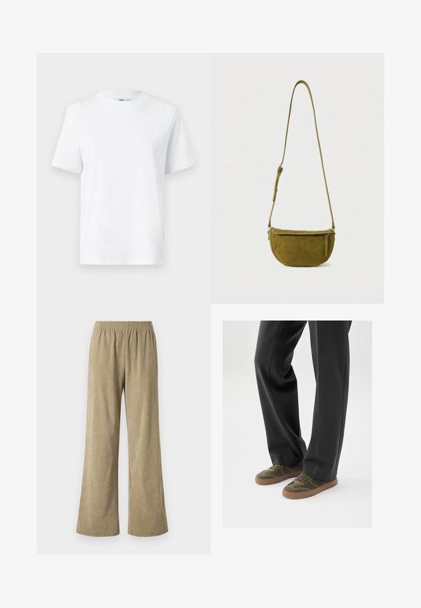 T-shirt en coton blanc à col rond, avec des manches courtes et une texture lisse. Conçu avec une coupe décontractée pour plus de confort et de polyvalence.; Pantalons larges en velours côtelé beige avec une taille élastique, présentant une texture à côtes verticales et une coupe loose. Idéaux pour un look décontracté.; Baskets en daim vert avec semelles en caoutchouc marron, dotées d'un design à lacets et de détails de couture courbes, assorties à un pantalon noir sur mesure.; Sac bandoulière en daim vert olive avec sangle réglable et poche avant zippée sur fond blanc uni.