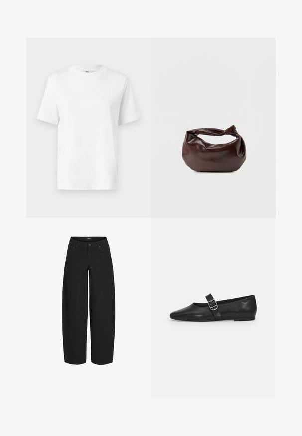 Hvid bomulds T-shirt med rund hals, kortærmet og en glat tekstur. Designet med en afslappet pasform for komfort og alsidighed.; Sorte vidde-korte jeans med knap- og lynlåslukning foran, lommer foran og bagpå samt mærket bæltelabel.; Sorte læder flade sko med rund tå, et enkelt justerbart spænde og en glat, blank overflade. Minimalistisk design med en lav hæl.; Mørkebrun læder skuldertaske med en blød, afslappet form og et snoet knudehåndtag på en ensartet hvid baggrund.