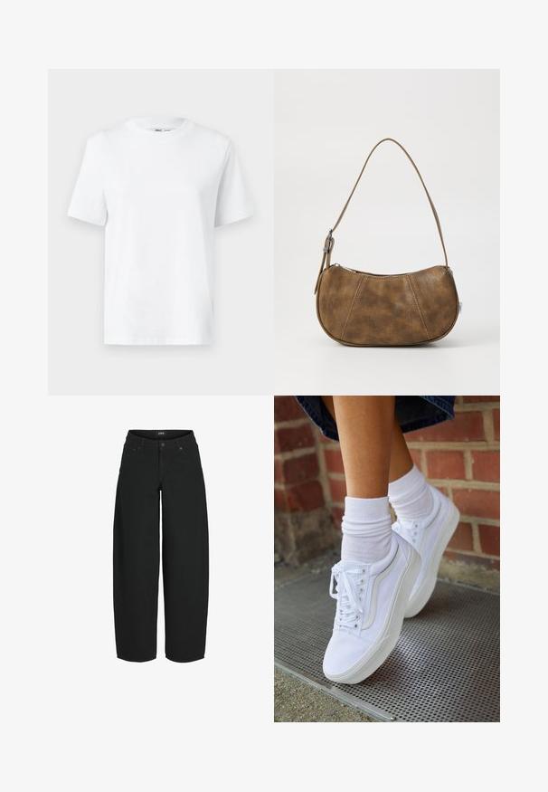 Hvid bomulds T-shirt med rund hals, kortærmet og en glat tekstur. Designet med en afslappet pasform for komfort og alsidighed.; Sorte vidde-korte jeans med knap- og lynlåslukning foran, lommer foran og bagpå samt mærket bæltelabel.; Hvide lærreds sneakers med gummisåler, der har seks snørehuller, rund tå og let sømdetaljer, krydret med hvide ankelstrømper.; Brun faux læder skuldertaske med en buet form, en enkelt strop, kontrasterende syninger og en lynlåslukning langs den øverste kant.