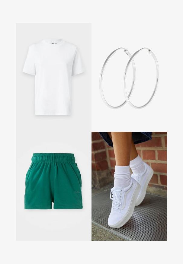 Witte katoenen T-shirt met ronde hals, korte mouwen en een gladde textuur. Ontworpen met een comfortabele en veelzijdige relaxte pasvorm.; Groene casual shorts met elastische taille en zijzakken, met een subtiele logo op het rechterbeen.; Witte canvas sneakers met rubberen zolen, voorzien van zes vetertjes, een ronde neus en lichte stikdetails, gecombineerd met witte enkelsokken.; Zilverkleurige oorringen met een gladde, ronde vorm en een gepolijste afwerking. Beide oorbellen zijn van dezelfde grootte en hebben een veilige sluitmechanisme.