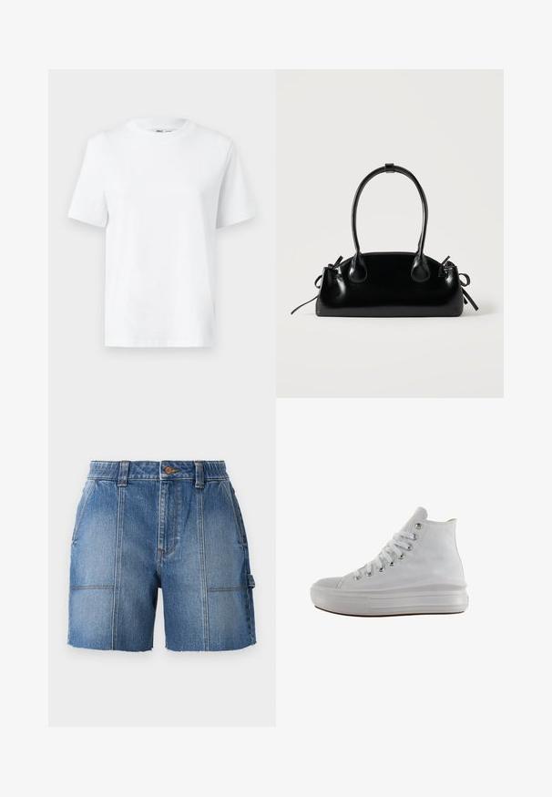 Hvid bomulds T-shirt med rund hals, kortærmet og en glat tekstur. Designet med en afslappet pasform for komfort og alsidighed.; Lysblå denim shorts med rå kant, der har en tætsiddende talje, bæltesløjfer og to forlommer.; Hvid højt canvas sneaksko med hvide snørebånd, metaløjer, tyk gummisål og tekstureret tåhætte, vendt mod venstre på en hvid baggrund.; Lille sort blank håndtaske med to lange håndtag og snøre-detaljer i siden på en ensfarvet lys baggrund.