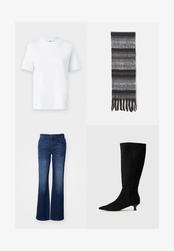 Hvid bomulds T-shirt med rund hals, kortærmet og en glat tekstur. Designet med en afslappet pasform for komfort og alsidighed.; Blå denim flared jeans med en mid-rise talje, fem lommer og subtilt slid ved lårene. Har en frontknap og lynlås lukning.; Sorte knæhøje støvler lavet af ruskind, spids snude, lille lav hæl, glat tekstur og sømløst design med en tætsiddende skaft.; Grå stribet tørklæde med varierende nuancer af grå, der har en blød tekstur og frynser i kanten for et afslappet udtryk.