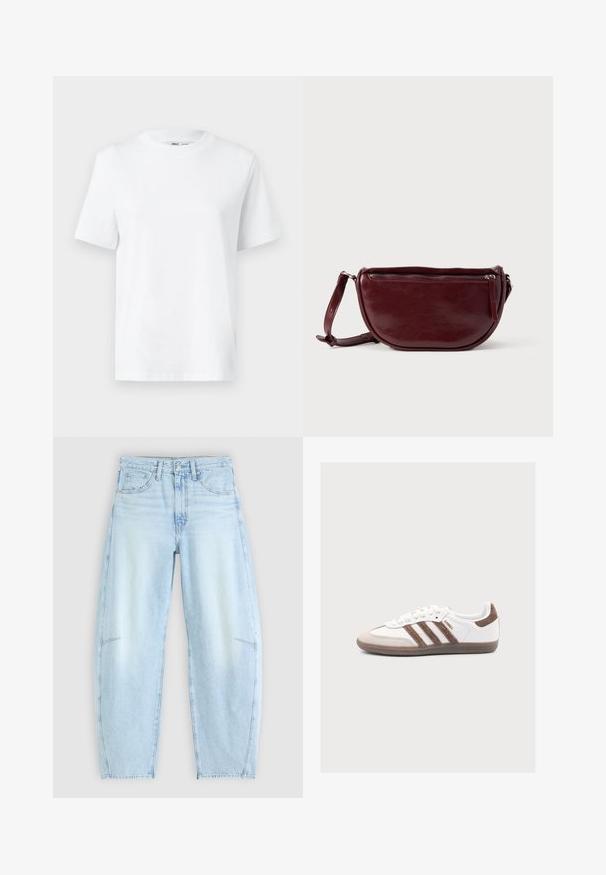 Weißes Baumwoll-T-Shirt mit Rundhalsausschnitt, kurzärmlig und mit glatter Textur. Entworfen mit einer lockeren Passform für Komfort und Vielseitigkeit.; Hellblaue Denim-Jeans mit relaxed Fit, hoher Taille, Fünf-Taschen-Design und subtilen Ausbleichungen sowie ausgefransten Saumdetails.; Weißer Adidas Samba Sneaker mit braunen Veloursstreifen, brauner Velourspitze und Gummisohle auf hellgrauem Hintergrund.; Dunkelroter Lederhandtasche in halbmondförmiger Form mit Reißverschluss und abnehmbarem Tragegurt. Glatte Textur mit dezentem Glanz.