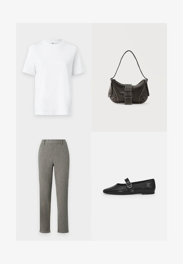 Weißes Baumwoll-T-Shirt mit Rundhalsausschnitt, kurzärmlig und mit glatter Textur. Entworfen mit einer lockeren Passform für Komfort und Vielseitigkeit.; Graue, maßgeschneiderte Slim-Fit-Hosen mit Gürtelschlaufen und umgeschlagenen Säumen, geeignet für formelle Anlässe oder das Büro.; Schwarzer Lederflatschuh mit runder Zehenform, einem verstellbaren Schnallenriemen und einer glatten, glänzenden Oberfläche. Minimalistisches Design mit einem niedrigen Absatz.; Schwarze Leder-Schultertasche mit Schnallengurt-Detail, abgerundeten Kanten und kontrastierenden weißen Nähten auf schlichtem Hintergrund.