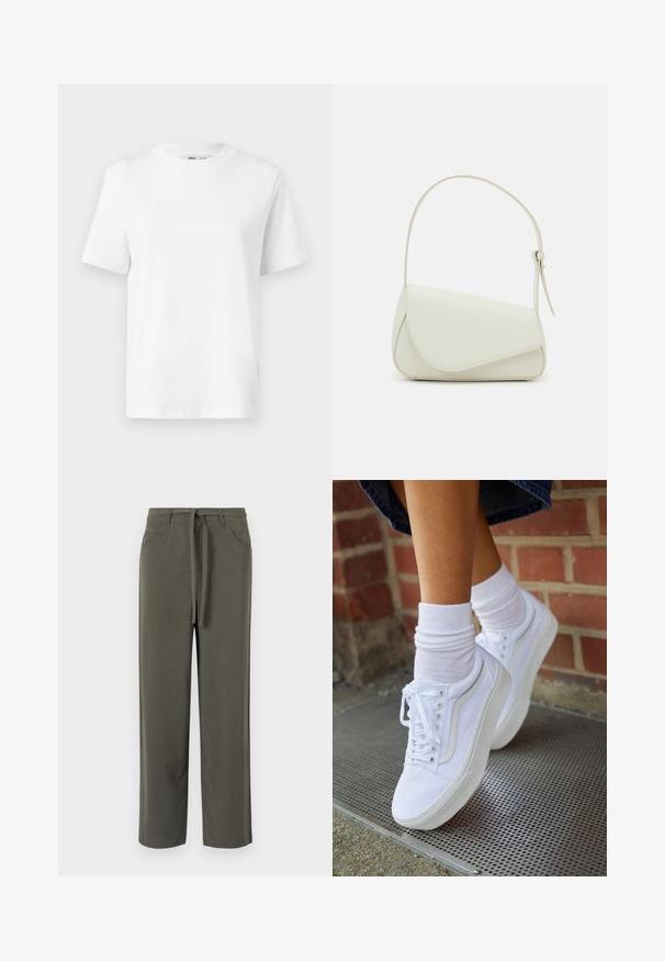 T-shirt en coton blanc à col rond, avec des manches courtes et une texture lisse. Conçu avec une coupe décontractée pour plus de confort et de polyvalence.; Pantalons vert olive en tissu doux, à coupe droite, avec des poches arrière et latérales, et un lien à la taille.; Baskets en toile blanches avec semelles en caoutchouc, dotées de six œillets, d'un bout rond et de détails de couture légers, portées avec des chaussettes blanches mi-mollet.; Sac à main en cuir synthétique blanc avec une forme triangulaire structurée, une bandoulière unique réglable et un rabat à courbes accentuées.