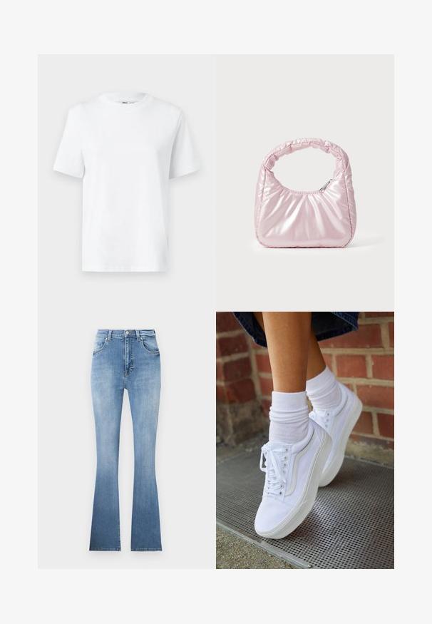 Witte katoenen T-shirt met ronde hals, korte mouwen en een gladde textuur. Ontworpen met een comfortabele en veelzijdige relaxte pasvorm.; Lichtblauwe flared jeans van denim, met een hoge taille, voorzakken en een subtiele vervaging naar de zoom. Kenmerkt zich door lichte stiksels.; Witte canvas sneakers met rubberen zolen, voorzien van zes vetertjes, een ronde neus en lichte stikdetails, gecombineerd met witte enkelsokken.; Roze, gevoerde handtas met een afgeronde vorm, gemaakt van glanzend materiaal. Beschikt over een geplooide handgreep en een ritssluiting voor veilige toegang.