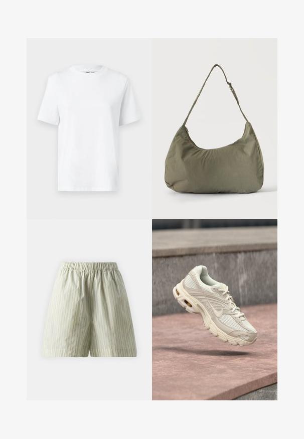 Weißes Baumwoll-T-Shirt mit Rundhalsausschnitt, kurzärmlig und mit glatter Textur. Entworfen mit einer lockeren Passform für Komfort und Vielseitigkeit.; Hellgrüne Baumwollshorts mit vertikalen weißen Streifen, einem elastischen Bund und einem lockeren, bequemen Schnitt. Weiche Textur.; Helles beige Sportschuh mit einem Mesh-Obermaterial, rundem Zehenbereich und strukturierter Zwischensohle. Verfügt über einen gepolsterten Kragen und Schnürung mit einem dezenten Logo.; Olivgrüne weiche Stoff-Schultertasche mit Reißverschluss und verstellbarem Tragegurt vor einfarbig hellem Hintergrund.