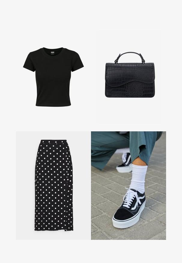 T-shirt noir à manches courtes en coton lisse, avec un col rond et une coupe ajustée. Aucun motif ou accent visible.; Jupe noire à pois blancs, faite en tissu doux. Elle présente une coupe droite et une fente en bas pour plus de liberté de mouvement.; Baskets en suède noir avec des accents et des lacets blancs, présentant une épaisse semelle blanche et des coutures contrastantes, associées à une chaussette blanche.; Sac à main en cuir noir avec texture crocodile, forme rectangulaire, rabat incurvé et poignée courte sur le dessus.