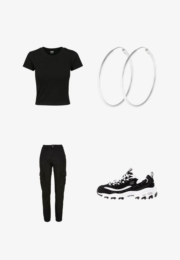 Camiseta negra de manga corta fabricada en algodón suave, con un cuello redondo y un corte ajustado. Sin patrones ni acentos visibles.; Pantalones cargo negros con cintura alta, bolsillos laterales con solapa, bolsillos delanteros, trabillas para cinturón, cierre con botón y puños elásticos.; Zapatilla deportiva en blanco y negro con parte superior de ante, cuello acolchado y suela ligera. Presenta un logotipo prominente y detalles de costura en contraste.; Pendientes de aro en tono plateado con forma redonda y un acabado pulido. Ambos pendientes son del mismo tamaño y cuentan con un mecanismo de cierre seguro.