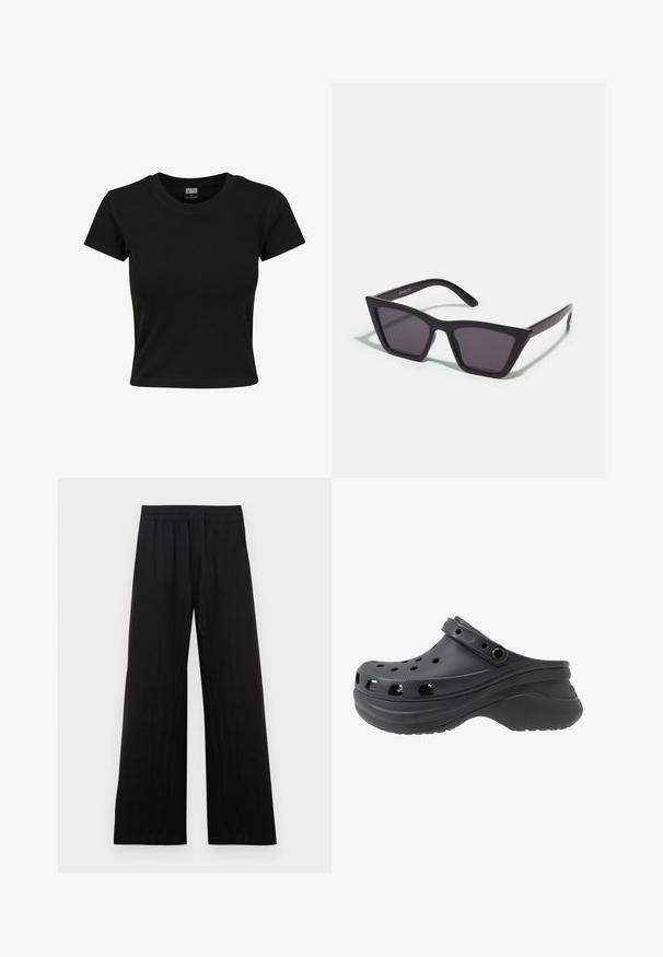 Schwarzes Kurzarm-T-Shirt aus glattem Baumwollmaterial mit rundem Halsausschnitt und taillierter Form. Keine sichtbaren Muster oder Akzente.; Schwarze, weit geschnittene Hose aus Baumwollstoff. Mit elastischem Bund und einer glatten, strukturierten Oberfläche. Keine sichtbaren Muster oder Akzente.; Schwarze Clogs mit perforierten Seitenlöchern aus leichtem Kunststoffmaterial. Mit einem Fersenriemen und einer strukturierten Sohle.; Schwarze, eckige Sonnenbrille mit grauen Gläsern; aus Kunststoff gefertigt, mit dicken Bügeln, die eine glatte Oberfläche und keine sichtbaren Beschläge haben.