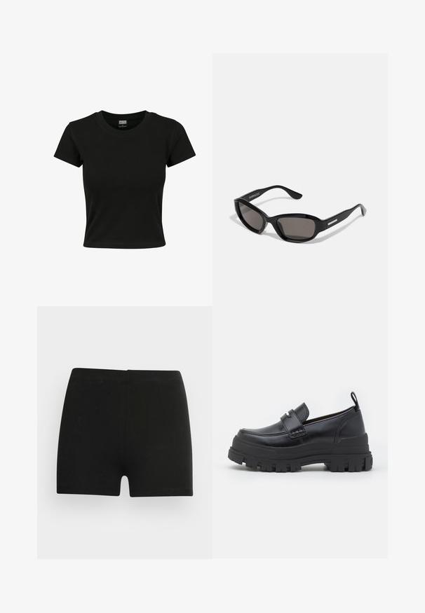 Sort kortærmet t-shirt lavet af glat bomuldsstof, med rund halsudskæring og en tætsiddende pasform. Ingen synlige mønstre eller accenter.; Sorte bomulds shorts med et tætsiddende design og elastisk talje. Glat tekstur, længde til midt på låret, og uden synlige mønstre eller accenter.; Sort læderloafer med tyk rillede sål, mok tå syning, remdetalje over toppen og trækstrop på hælen, vist i sideprofil.; Sorte solbriller med rektangulært stel, mørke linser, glat plastmateriale og en metalaccent på templet.