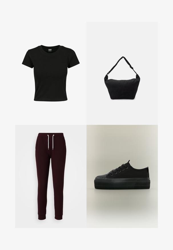 Camiseta negra de manga corta fabricada en algodón suave, con un cuello redondo y un corte ajustado. Sin patrones ni acentos visibles.; Pantalones de chándal burdeos hechos de una mezcla de algodón, con una cinturilla elástica y cordón, dos bolsillos laterales y puños ajustados.; Zapatilla negra de plataforma con suela gruesa acanalada, cordones en la parte delantera y tiradores en la lengüeta y el talón, mostrada de lado sobre un fondo neutro.; Bolso de hombro de tela negro con una superficie suave y texturizada, forma redondeada y una sola correa. Diseño minimalista sin hardware ni acentos visibles.