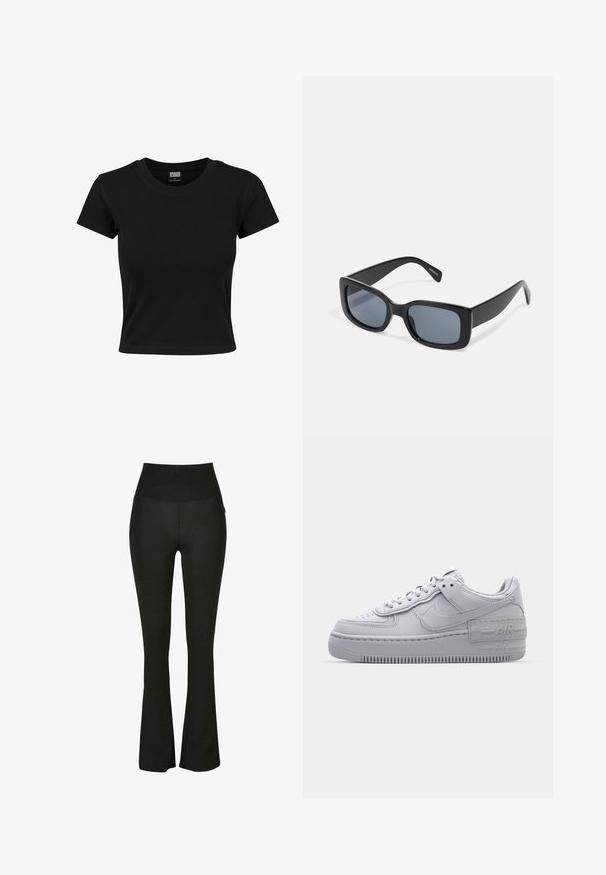 Zwarte kortekorte mouw t-shirt van gladde katoenen stof, met een ronde halslijn en een getailleerde pasvorm. Geen zichtbare patronen of accenten.; Zwarte uitlopende leggings met een hoge tailleband, gemaakt van een soepel, rekbaar materiaal. Kenmerkend is de aansluitende silhouette en de subtiele naden.; Grijze Nike Air Force 1 sneaker met geperforeerde neus, glad leren bovenwerk, dikke zool en verhoogde 'AIR' details op de hiel.; Zwarte rechthoekige zonnebril met donkere getinte lenzen, een dik plastic montuur en brede scharnieren. Glad oppervlak en hoekig ontwerp.