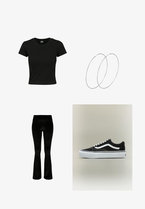 T-shirt noir à manches courtes en coton lisse, avec un col rond et une coupe ajustée. Aucun motif ou accent visible.; Pantalon noir évasé en tissu doux velouté. Taille haute et texture lisse. Le design présente une coupe évasée à partir du genou.; Baskets basses noires avec bande blanche latérale, lacets blancs, semelle en caoutchouc blanche et bout texturé sur fond neutre.; Boucles d'oreilles en argent au design minimaliste. Forme circulaire, texture lisse et profil fin. Légères avec une finition polie.