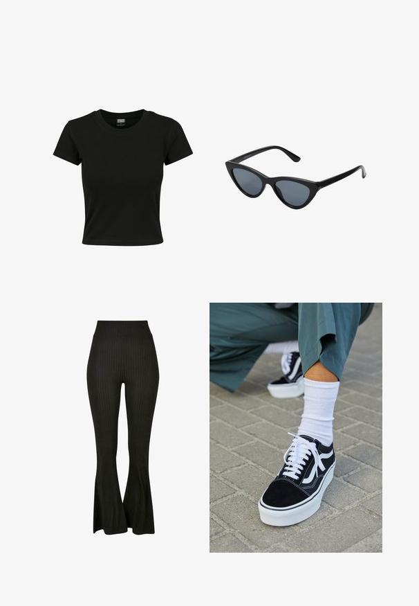 Sort kortærmet t-shirt lavet af glat bomuldsstof, med rund halsudskæring og en tætsiddende pasform. Ingen synlige mønstre eller accenter.; Sorte ribbede bukser med flagrende ende, høj talje og lodrette striber for ekstra tekstur og stil.; Sorte ruskinds sneakers med hvide accenter og snørebånd, der har en tyk hvid sål og kontrasterende syninger, parret med en hvid sok.; Sorte katteøje solbriller med mørkegrå linser, slankt plastisk stel, spidse hjørner og lige stænger. Ingen synlig hardware eller dekorationer.