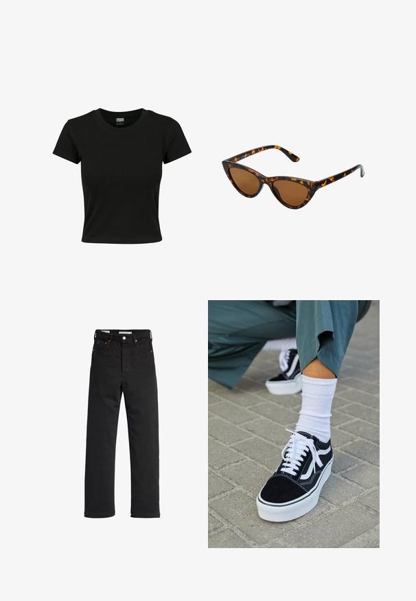 Sort kortærmet t-shirt lavet af glat bomuldsstof, med rund halsudskæring og en tætsiddende pasform. Ingen synlige mønstre eller accenter.; Sorte denim jeans med lige ben, der har en høj talje, fem-lomme design, metal knaplukning og minimale syninger.; Sorte ruskinds sneakers med hvide accenter og snørebånd, der har en tyk hvid sål og kontrasterende syninger, parret med en hvid sok.; Kat-ejede solbriller med en sort og orange skildpaddemønstret stel, brune linser og slanke, spidse ender. Har et minimalistisk logo på skabelsen.