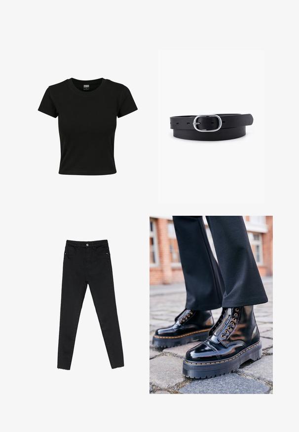 Schwarzes Kurzarm-T-Shirt aus glattem Baumwollmaterial mit rundem Halsausschnitt und taillierter Form. Keine sichtbaren Muster oder Akzente.; Schwarze enge Jeans aus Denim mit hoher Taille, Fünf-Taschen-Design und rohem Saum an den Knöcheln. Klassischer Knopf- und Reißverschluss.; Schwarze Lackleder-Stiefeletten mit einer dicken Gummisohle, seitlichem Reißverschluss, goldenen Ösen und kontrastierenden gelben Nähten.; Schwarzer Leder Gürtel mit glatter Textur, ovaler silberner Metallschnalle und mehreren Einstelllöchern entlang des Riemens. Flaches, minimalistisches Design.