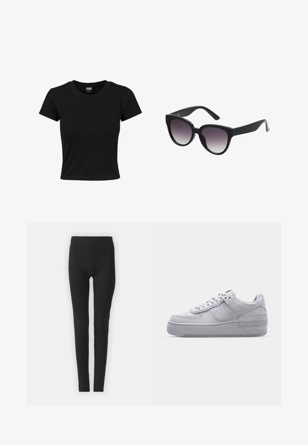 Zwarte kortekorte mouw t-shirt van gladde katoenen stof, met een ronde halslijn en een getailleerde pasvorm. Geen zichtbare patronen of accenten.; Zwarte, rekbare leggings met een strakke pasvorm, uitgerust met een hoge tailleband en een gladde textuur. Geen zichtbare patronen of hardwaredetails.; Grijze Nike Air Force 1 sneaker met geperforeerde neus, glad leren bovenwerk, dikke zool en verhoogde 'AIR' details op de hiel.; Zwarte cat-eye zonnebril met grijs verlooplenzen. Dikke, glanzende kunststof montuur en taps toelopende armen. Geen zichtbare merknaam of versieringen.