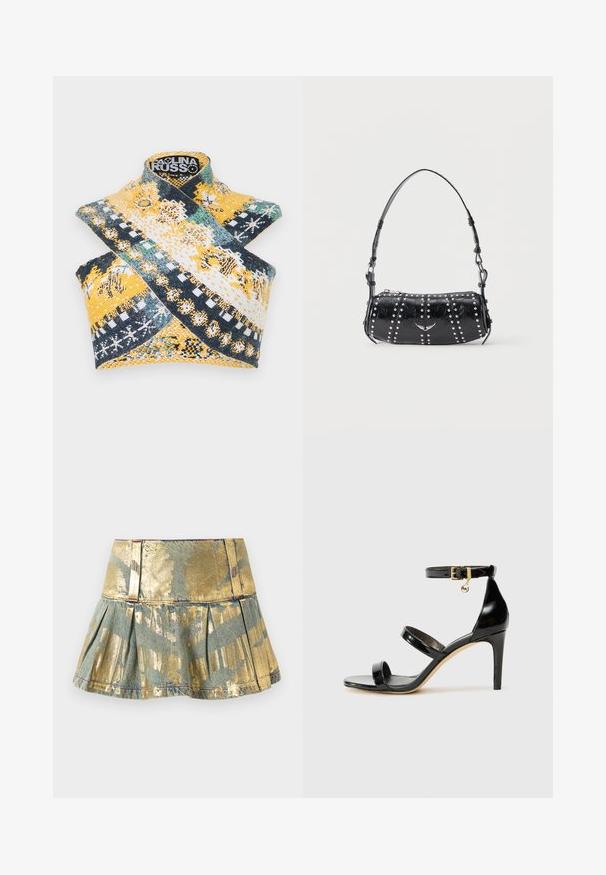 Paolina Russo WARRIOR CROSSOVER - Top - indigo; Gold- und türkisfarbene, gefältelte Denim-Rock mit glänzender Oberfläche, ausgestattet mit einem figurschmeichelnden Bund und kontrastierenden Nähdetails.; Schwarze Lackleder-Sandale mit drei Riemen, Knöchelriemen und 10 cm hohen Stiletto-Absatz. Verfügt über goldfarbene Hardware-Details und ein Logo-Charm.; Schwarze Schultertasche aus Lackleder mit silbernen Nieten in vertikalen Reihen und einem kleinen silbernen Vogel-Emblem in der Mitte vorne.