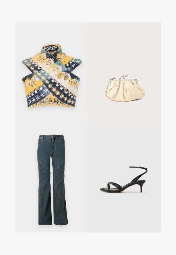 Paolina Russo WARRIOR CROSSOVER - Top - indigo; Blå denim jeans med en vid ben-design, der har buede sømdetaljer og standard fem-lomme stil. Uferdig kant nederst.; Sort damesandal i læder med tynde remme, en tå-loop, ankelspænde og en mellemhøj stiletthæl på en neutral baggrund.; Plisseret beige læderclutch med en sølvmetalramme, der har to runde dekorative låse og en sølvkædetrasporte.