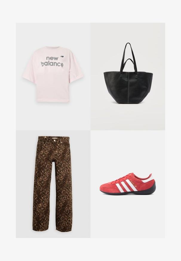 Lyserød kortærmet t-shirt med teksten "new balance" og lille sort "NB"-logo centreret på brystet.; Bordeaux og tan leopardprint brede benjeans. Fremstillet af denim, med et klassisk fem-lomme design og metalhardwaredetaljer.; Rød ruskind atletiksko med hvidt trestribet design, sort gummisål og minimalistisk form. Gulddetalje med logo på siden.; Sort lædertaske med to håndtag og kontrastfuld hvid syning, med en bred, struktureret form og detaljer med central søm.