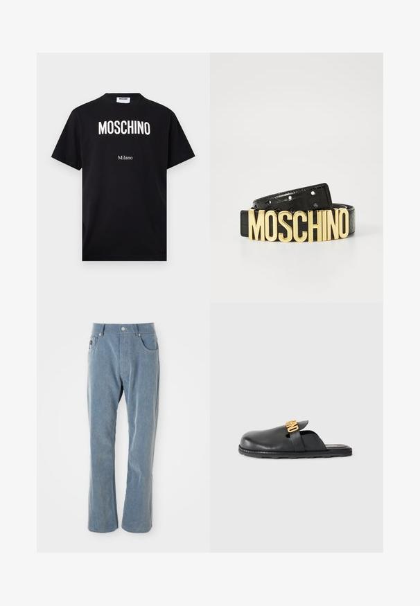 Schwarzes Baumwoll-T-Shirt mit weißem "MOSCHINO"-Logo und "Milano"-Schriftzug, Kurzarm, Rundhalsausschnitt und geradem Saum. Einfaches Design.; Hellblaue Cordhosen mit Knopf- und Reißverschluss, Fronttaschen und geradem Bein auf weißem Hintergrund.; Schwarze Leder-Mules zum Hineinschlüpfen mit einem goldfarbenen, dekorativen Riemen und einer niedrigen, strukturierten Gummisohle auf einem einfarbigen Hintergrund.; Schwarzer Ledergürtel mit Krokodilstruktur und einer großen goldenen "MOSCHINO"-Brosche. Verfügt über mehrere Anpassungslöcher.