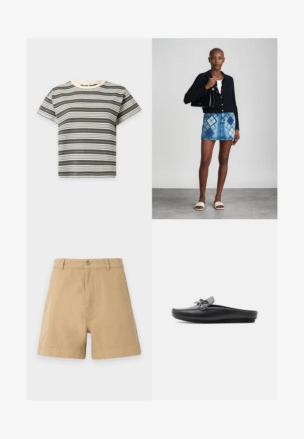 T-shirt à manches courtes col rond avec rayures horizontales alternées vert foncé et crème sur fond uni.; Shorts beige en coton, avec un design classique, fermeture à bouton à l'avant et passants de ceinture. Texture lisse avec poches latérales.; Mocassin noir en cuir sans dos avec un nœud décoratif sur le dessus, bords cousus et semelle plate sur un fond uni.; Un cardigan en maille noir, un haut blanc, une jupe en denim avec un motif de diamants bleus et noirs, un sac à main noir et des sandales à enfiler beiges.