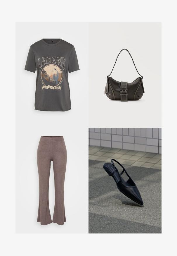 Donkere grijze katoenen t-shirt met een ronde afbeelding van een cactus en een berglandschap, met de tekst "LEGEND" en "HOME OF THE BRAVE."; Bruine geribbelde flared broeken met een hoge, rekbare tailleband en een zachte textuur, met een subtiel verticaal patroon in het geheel.; Zwarte platte schoen met puntige neus en slingback, zwevend boven een asfaltoppervlak naast een betegeld trottoir.; Zwarte leren schoudertas met gespsluiting aan de riem, afgeronde hoeken en contrasterende witte stiksels op een effen achtergrond.