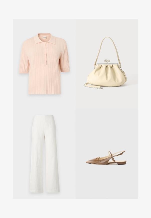 Paalroze gebreid polohemd met korte mouwen, geribbelde textuur, drieknops placket en zachte kraag. Soepele stof, casual pasvorm.; Witte linnen broek met wijde pijpen, een zachte textuur en een hoge taille. Heeft een eenvoudige en strakke silhouet zonder versieringen.; Bruine leren slingback schoenen met een spitse neus, twee smalle banden en een lage hak. Gladde textuur met een gepolijste afwerking.; Crèmekleurige zachte leren handtas met geplooid ontwerp, zilveren frame sluiting, korte handgreep en een afneembare kettingriem.