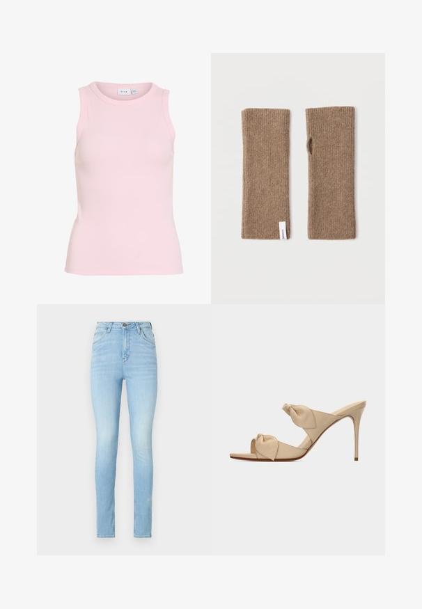 Camiseta sin mangas, de canalé, color rosa claro, con escote redondo, silueta ajustada y etiqueta de la marca en el interior del cuello.; Jeans ajustados de color azul claro, de tiro alto, confeccionados en denim con una textura suave. Presentan un desgastado y un diseño tradicional de cinco bolsillos.; Sandalia mule de tacón alto color beige con dos tiras nudo retorcidas y tacón stiletto delgado sobre fondo blanco.; Guantes sin dedos de punto marrón, con textura acanalada, forma rectangular, abiertos en el pulgar, con una pequeña etiqueta blanca en un lado.