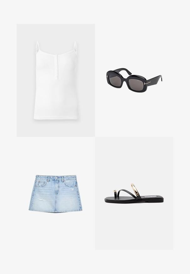 Hvid ribbet tanktop med tynde justerbare stropper og en forreste klap med små knapper, vist på en ensfarvet baggrund.; Lyseblå denimnederdel med lige snit, forlommer og slidte detaljer. Afsluttet med en knap- og lynlåslukning.; Sort flad sandal med to tynde remme, hver med metaldetaljer i guld, vist fra siden på en ensfarvet lys baggrund.; Sorte oversized solbriller med en blank finish, firkantede linser og guld accenter på stængerne. Har et dristigt, klodset design.