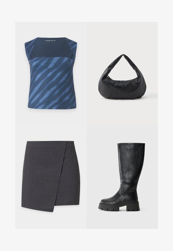 Marineblaue ärmellose Bluse mit einem Batikmuster in verschiedenen Blautönen, mit glatter Textur und rundem Ausschnitt.; Dunkelgrauer Minirock im Wickelstil mit klaren Linien und einem dezenten seitlichen Überlappungsdetail.; Schwarze kniehohe Stiefel aus glattem Leder mit einer dicken, strukturierten Sohle und dezenten Nahtdetails an der Außenseite.; Schwarze, weiche Leder-Handtasche in Halbmondform mit einem dicken, gepolsterten Griff und einem Reißverschluss an der Oberseite.