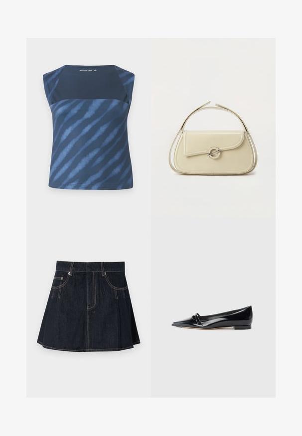 Marineblå ærmeløs top med et tie-dye mønster i forskellige nuancer af blå, med en glat overflade og en rund halsudskæring.; Denimnederdel i mørkeblå, med en flagrende design, bæltestropper, forvægspockets og kontraststing langs sømmene.; Sorte patentlæder flade sko med spids tå, lille dekorativ rem og lav blokhæl. Glat tekstur og strømlinet design.; Cremefarvet læderhåndtaske med buet klap, cirkulært sølvspænde og kort topstrop på en ens hvid baggrund.