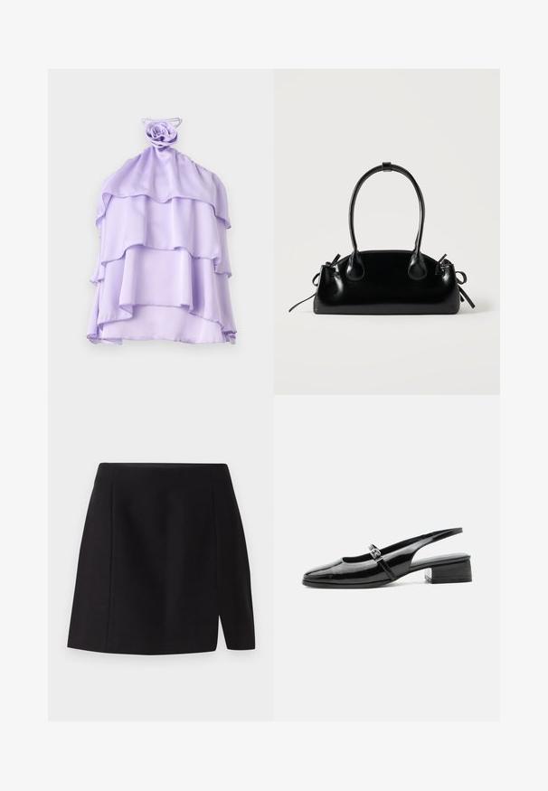 Lilla, lagd top i let stof med en rynket design og en rose-formet detalje ved halsudskæringen. Glat tekstur, uden ærmer.; Sort mini nederdel lavet af glat stof, med en tætsiddende talje og en frontslids, der tilføjer et moderne præg til det enkle design.; Sort laklæderslingback-sko med lav blokhæl og tynd rem med sølvspænde over toppen.; Lille sort blank håndtaske med to lange håndtag og snøre-detaljer i siden på en ensfarvet lys baggrund.