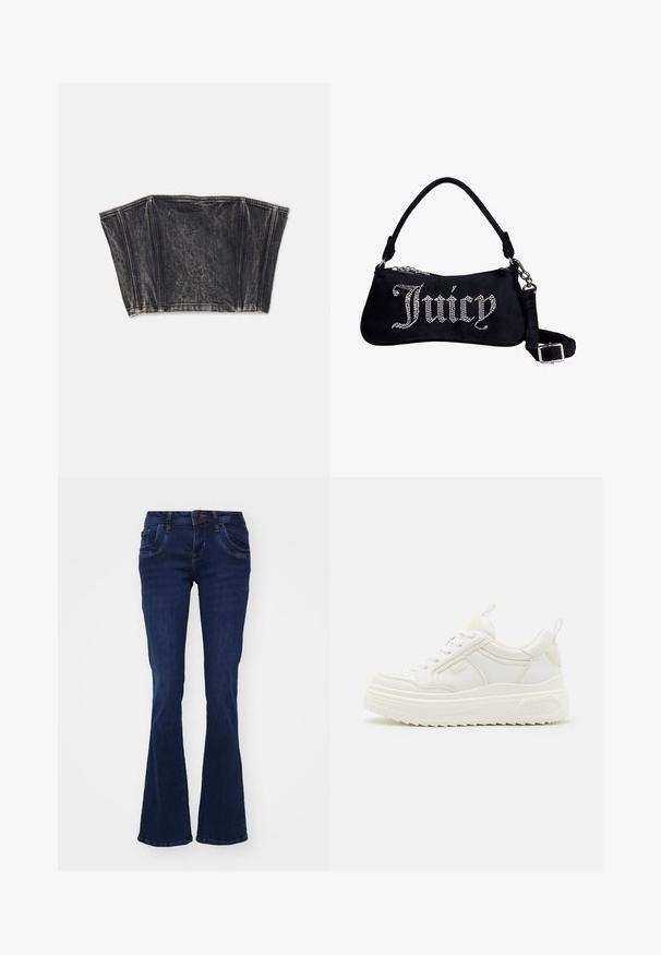 Bustier en denim noir au design structuré, avec des coutures verticales et une forme ajustée et courte. Surface texturée avec un léger dégradé.; Jean flare bleu foncé en denim. Comprend cinq poches, une fermeture éclair à l'avant et des détails de couture le long des coutures.; Baskets en cuir blanc avec une semelle épaisse, design à lacets et branding subtil. Présentent une texture lisse et un bout arrondi.; Sac à épaule en velours noir avec "Juicy" écrit en strass, doté d'une poignée courte et d'une sangle amovible et réglable avec boucle en argent.