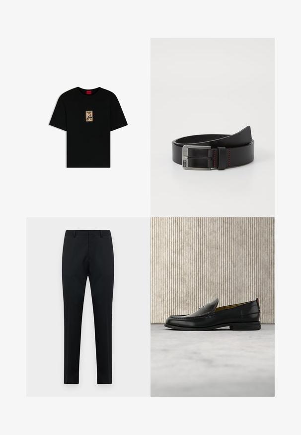 Camiseta negra de manga corta con un pequeño parche beige en el pecho que presenta una serpiente enroscada y el texto "HUGO 1993".; Pantalones formales de hombre negros, ajustados, con presillas para cinturón, frente plano y piernas rectas sobre un fondo blanco.; Mocasín de cuero negro para hombre con empeine grabado en relieve de cocodrilo y tacón bajo, mostrado de perfil sobre un fondo neutro.; Cinturón de cuero negro con una hebilla de metal plateada y acentos de costura roja, que presenta una textura suave y mate, y un diseño clásico.