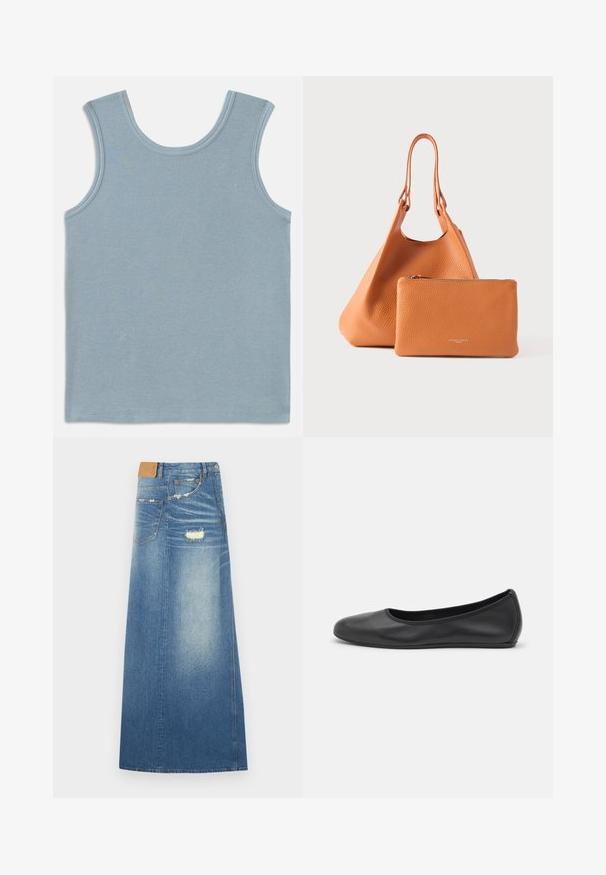 Lys blå tanktop lavet af ribbet stof. Har en rund halsudskæring og brede ærmegab. Flade sømme ved kanterne og en lige afslutning.; Denim maxi nederdel i lyseblå med høj talje, slidte detaljer, lommer og lige silhuet, lavet af bomuldsstof.; Sort læderballetsko med rund tå, glat tekstur, minimal syning og et fleksibelt såldesign.; Orange lædertaske med tekstureret finish og dobbelthåndtag, ledsaget af en matchende lynlåspung. Begge dele er glatte og minimalistiske.