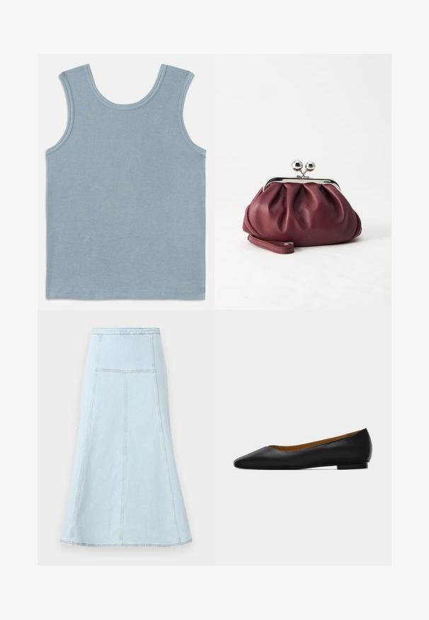 Lys blå tanktop lavet af ribbet stof. Har en rund halsudskæring og brede ærmegab. Flade sømme ved kanterne og en lige afslutning.; Lyseblå denim A-line nederdel med høj talje, der har lodrette syninger og en bredere kant for ekstra bevægelse.; Sort læder flad sko med spids tå, lav hæl og glat finish, vist fra siden på en lysegrå baggrund.; Lille bordeauxlæder clutch-pung med sølv metal lukning og håndledsrem på hvid baggrund.
