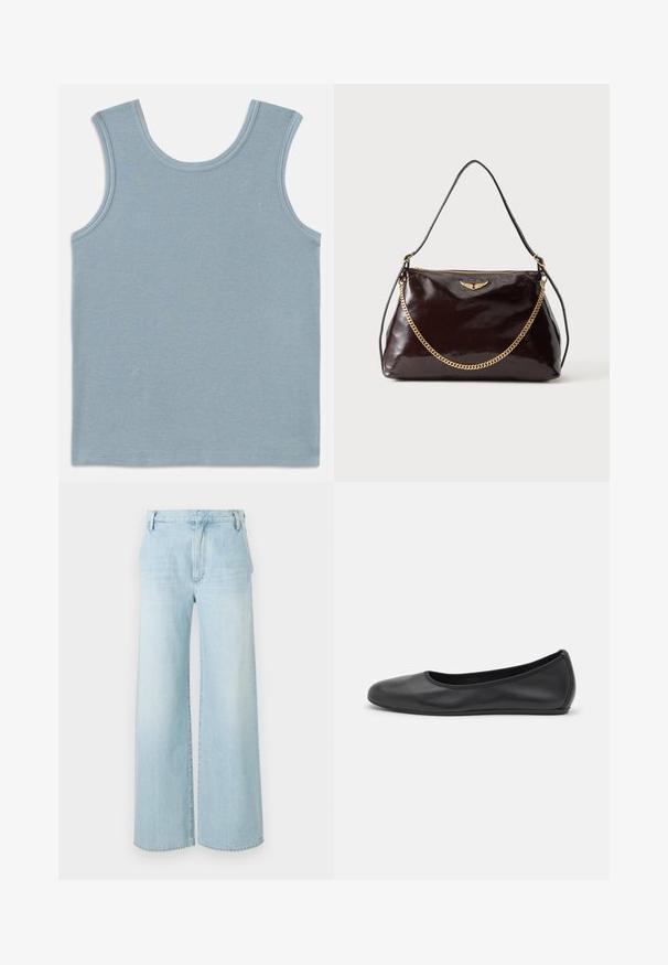 Débardeur bleu clair en tissu côtelé. Présente un col rond et des emmanchures larges. Coutures plates sur les bords et ourlet droit.; Jeans large en denim bleu clair. Caractéristiques : taille haute, design à cinq poches et décoloration subtile avec un ourlet propre.; Ballerines en cuir noir avec un bout rond, texture lisse, détails de couture minimalistes et design de semelle flexible.; Sac à main en cuir brillant marron foncé avec un emblème en forme d'aile dorée, détail de chaîne dorée et une fine bandoulière en cuir sur un fond uni.