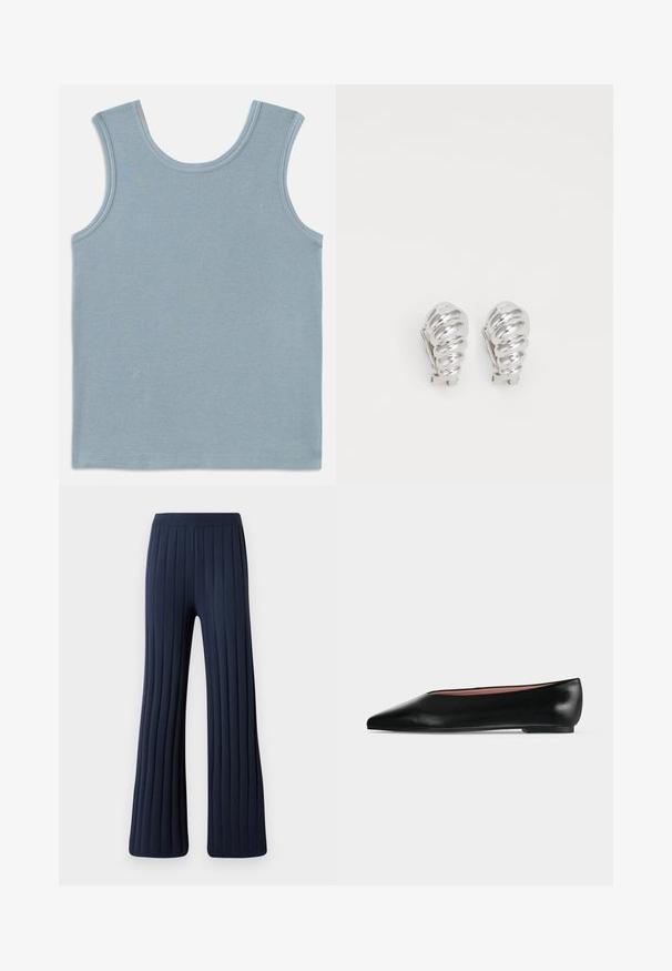 Lichtblauw tanktop van ribstof. Heeft een ronde halslijn en brede armsgaten. Platte naden aan de randen en een rechte zoom.; Marine-blauwe wijde broek met verticale ribbeltextuur, elastische tailleband en uitlopende zoom. Gemaakt van zachte, comfortabele stof.; Zwarte leren damesschoen met platte zool, puntige neus en lage hak, zijwaarts afgebeeld tegen een effen lichtgrijze achtergrond.; Zilveren clip-on oorbellen met een spiraalontwerp, voorzien van een gladde metallic textuur en ronde vormen. Geen zichtbare versieringen of patronen.