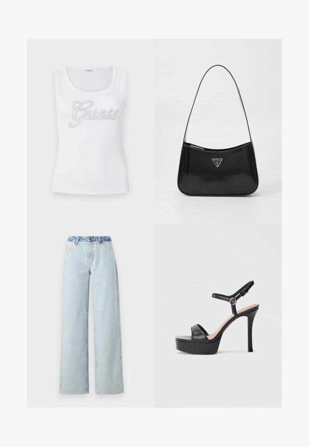 Hvid ærmeløs ribbet top med rund halsudskæring og dekorativ "Guess"-logo lavet af små sølvperler på tværs af brystet.; Lysblå vid jeans med en falmet vask, med en kontrasterende blå denimlivrem og en traditionel fem-lomme design.; Sorte platformsandaler med høj stiletthæl, der har en glat læderoverdel, peep toe-design og en justerbar ankelrem med metalbeslag.; Sort patenteret læder skuldertaske med en buet form, prydet med et sølvfarvet trekantet logo og en lynlås-lukning. Glat tekstur og slank rem.