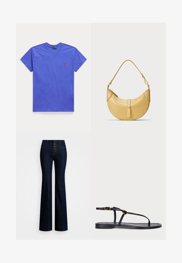Plain blå T-shirt med korte ærmer og rund halsudskæring med lille rødt broderet Polo Ralph Lauren-logo på venstre bryst.; Høj talje flare jeans i mørk denim med fem-knaps lukning, kontrastfarvet gul syning og en glat tekstur.; Sort flad sandal med et minimalistisk design. Har tynde stropper, en tæerem, guldhardware og en glat, tekstureret sål.; Gul læderhåndtaske med en buet form, skulderrem og en lille metaldetalje. Glat tekstur og minimalistisk design.