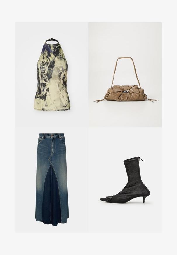 Halterkaelusega topp heledas, abstraktse mustriga, millel on rohelised, kollased ja sinised toonid. Omab musta reguleeritavat rihma ja sobivat disaini.; Sinine denim maxi-seelik esi inversse pleatsiga, vöökohtadega, nupuga ja tõmblukuga kinnitamine ning pleekinud pesu detailidega.; Must mustaankeliga mustad võrgukudumid, terava koonuga, lukuga ja väikese kontsaga. Omab dekoratiivset pandlat varvaste lähedal.; Pruun nahast käekott, millel on voltimisega esipind, hõbedased detailid ja üks rihm. Sile tekstuur ja ristkülikuline kuju.
