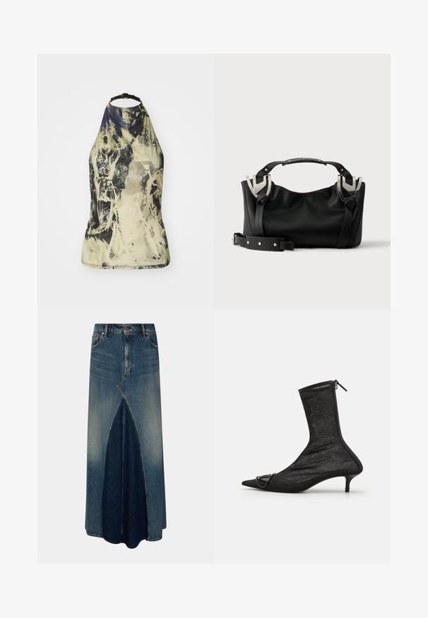 Halter-neck top i et lyst, abstrakt print med grønne, gule og blå nuancer. Har en sort justerbar strop og et tætsiddende design.; Blå denim maxi nederdel med frontinverteret plissé, bæltesløjfer, knap- og lynlåslukning samt lysvasket detaljer.; Sorte mesh ankelstøvler med spidse tæer, lynlås og en lille hæl. Har en dekorativ spændeaccent nær tåområdet.; Sort håndtaske med sølvspænder, kort hanke og aftagelig skulderrem placeret på en hvid overflade.