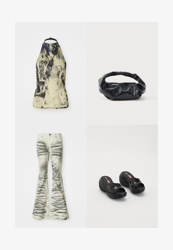 Halter-neck top i et lyst, abstrakt print med grønne, gule og blå nuancer. Har en sort justerbar strop og et tætsiddende design.; Lysfarvede flared jeans med teksturerede sorte vandrette striber og krøllede detaljer, der har forlommer og metalknaplukning.; Melissa MELISSA QUANTUM PLATFORM X DIESEL AD - Badesandaler - black; Sort taske lavet af blankt, tekstureret materiale med et cirkulært, snoet håndtag og lynlås. Har et blødt, rynket design.