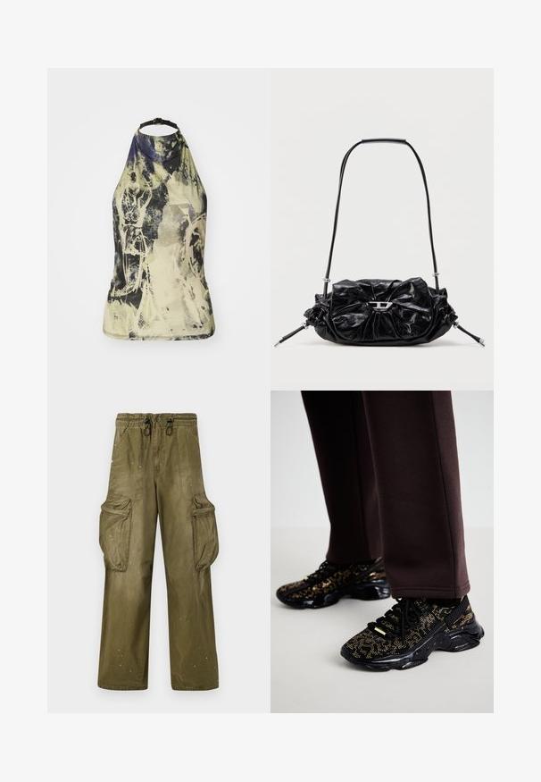 Haut à col halter dans un imprimé abstrait léger aux teintes vertes, jaunes et bleues. Doté d'une sangle noire ajustable et d'une coupe ajustée.; Pantalons cargo verts olive avec une coupe décontractée, taille élastique, cordon de serrage, deux poches latérales et deux grandes poches cargo. Légères déchirures.; Des baskets noires avec des éclats dorés, une surface texturée et une semelle noire épaisse. Associées à un pantalon de survêtement brun, montrant un design ajusté.; Sac à main en cuir noir avec un design froncé et un détail en forme de nœud sur le devant. Dispose d'une poignée courte et d'accents de quincaillerie argentée.