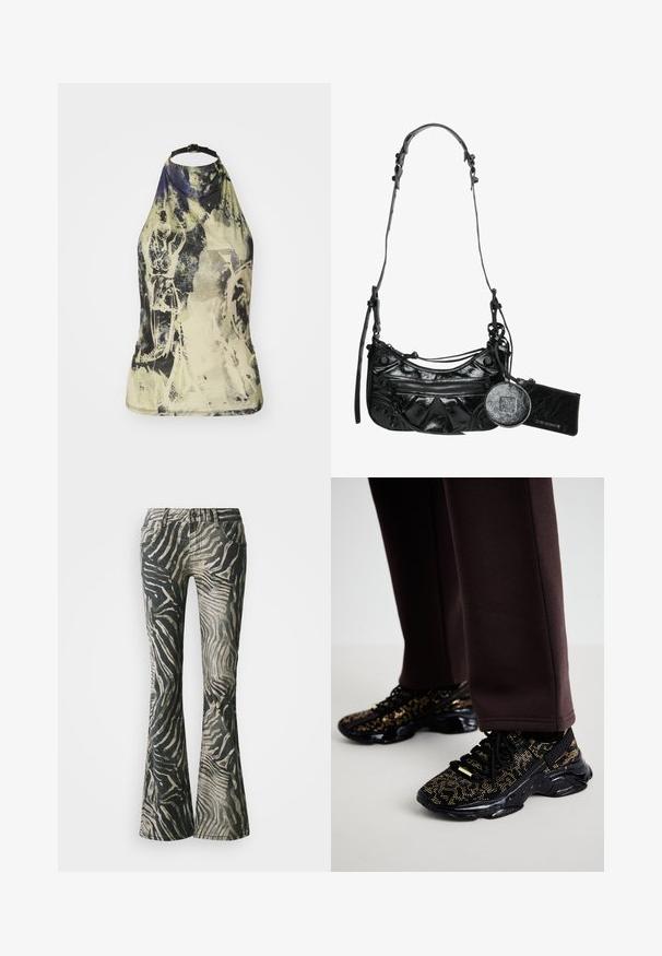 Halter-neck top i et lyst, abstrakt print med grønne, gule og blå nuancer. Har en sort justerbar strop og et tætsiddende design.; Bredde jeans i et sort og beige zebra mønster, fremstillet af denim materiale, med fem-lomme design og synlige syninger.; Sorte sneakers med guldprikker, struktureret overflade og en kraftig sort sål. Parret med brune sweatpants, der viser et tætsiddende design.; Sort syntetisk læder håndtaske med en buet design, lynlåslomme foran og dekorativ hardware med en aftagelig rund møntpung.
